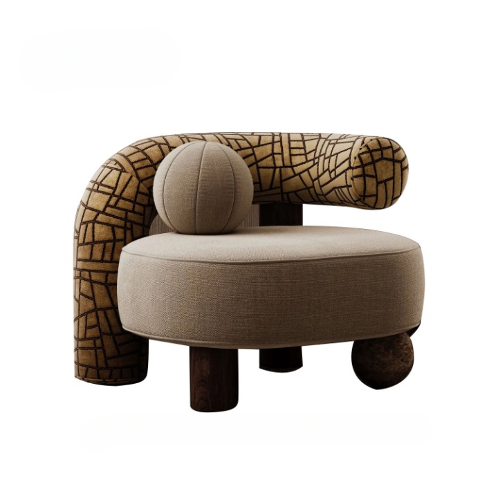 Beige Linen Sculptural Curved Back Accent Chair for Living Room