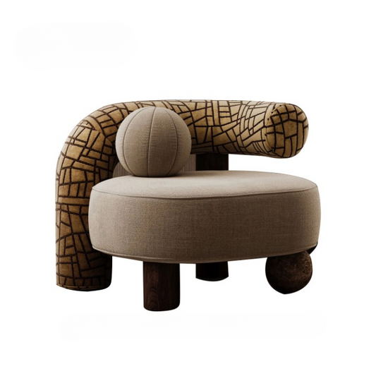 Beige Linen Sculptural Curved Back Accent Chair for Living Room
