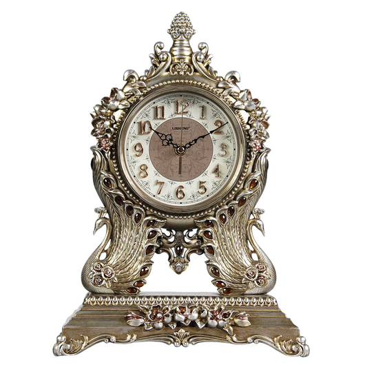 Peacock Mantel Clock, Silent Battery Operated Table Clock with Swing Pendulum, Vintage Style Decorative Quartz Desk Clock for Living Room, Office, Fireplace Mantel, Shelf, Bedroom Decor
