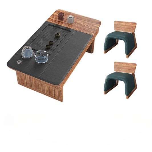 Solid Wood Tea Table Set with Built-In Tea Tray and 2 Stools