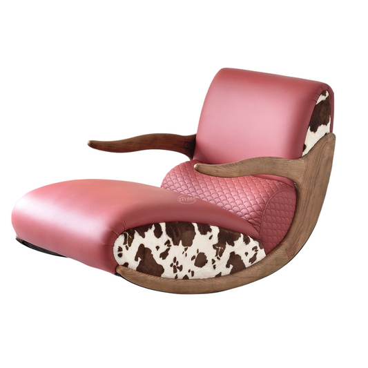 Mid Century Genuine Leather Chaise Lounge Chair with Ash Wood Arms, Wine Red Rocking Accent Chair, Designer Single Sofa Lounger for Living Room, Bedroom, Reading Nook and Lounge