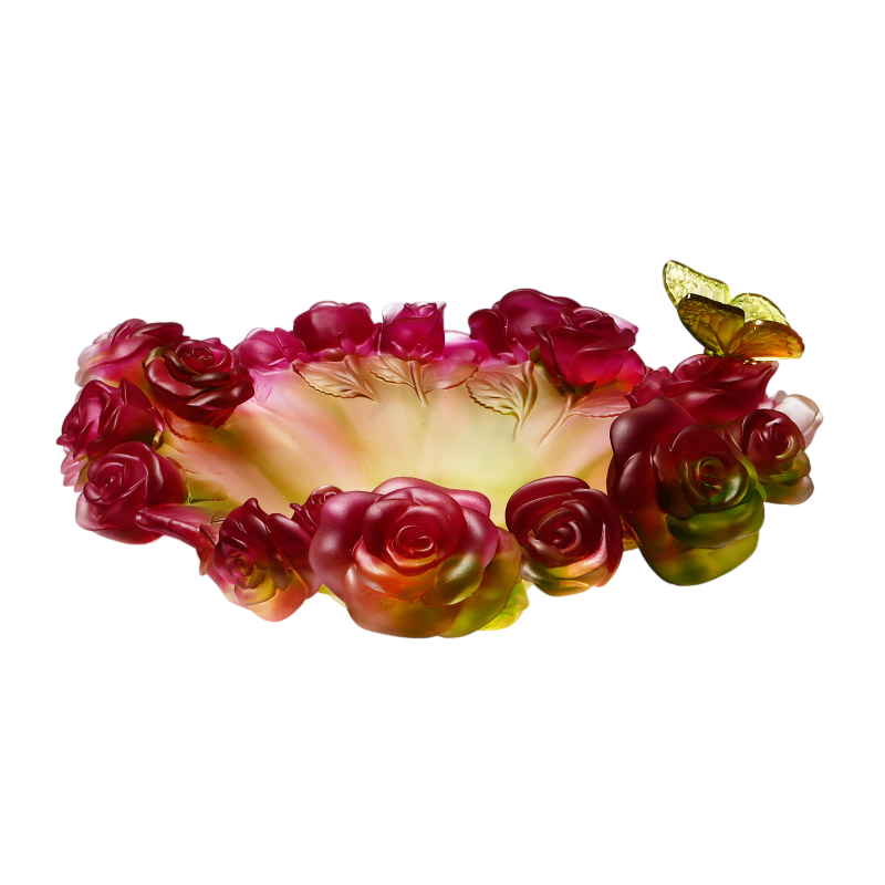 Rose Flower Decorative Bowl with Butterfly, Large Pink Art Glass Fruit Bowl for Dining Table, Coffee Table, Living Room, Entryway and Housewarming Gift