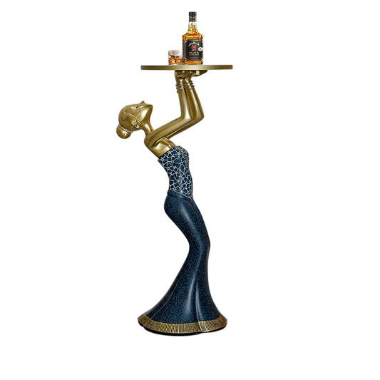 Blue and Antique Gold Resin Woman Statue with Round Display Tray, Standing Lady Floor Sculpture and Decorative Organizer for Entryway, Foyer, Living Room and Office