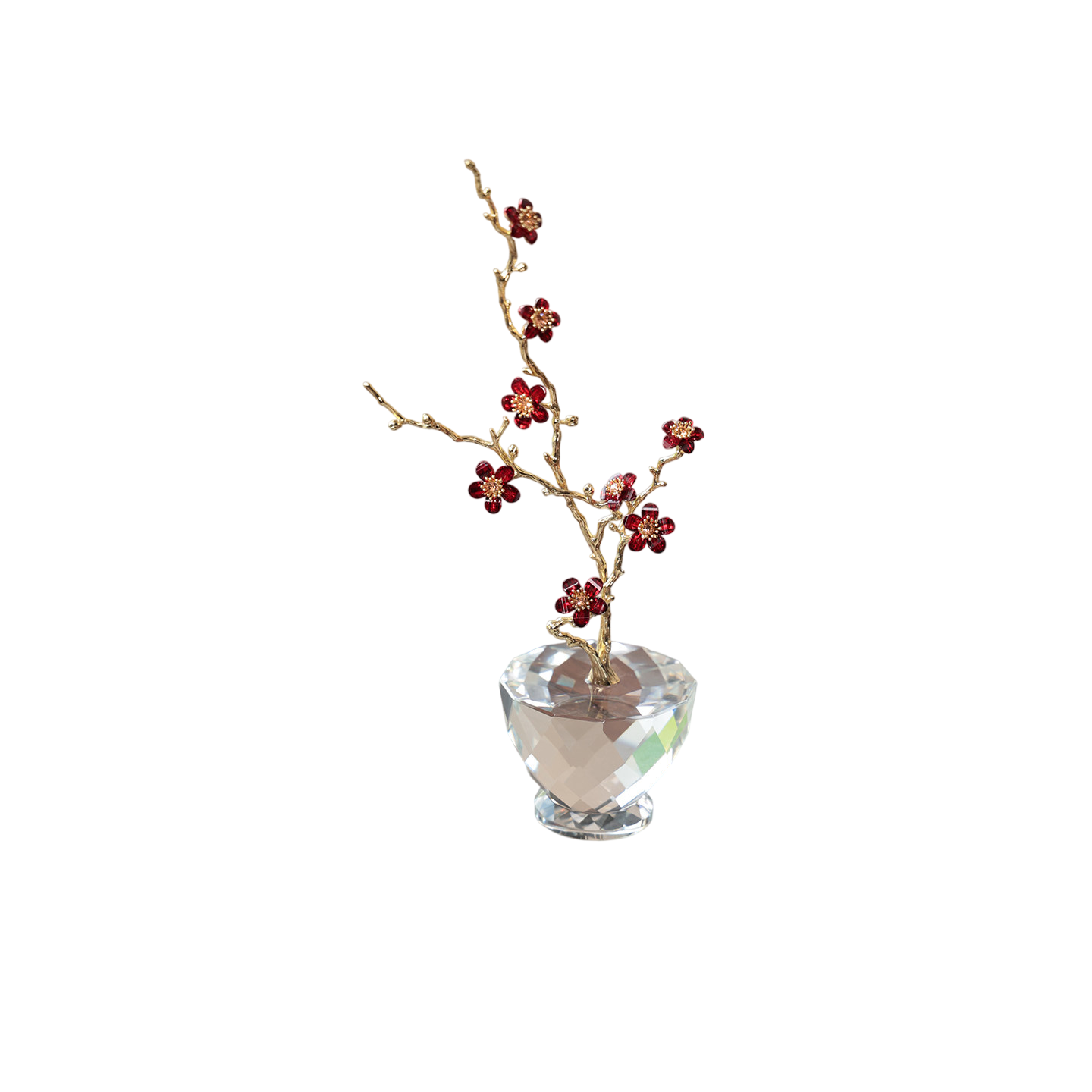 Crystal Plum Blossom Sculpture with Gold Branches, Red Floral Table Decor