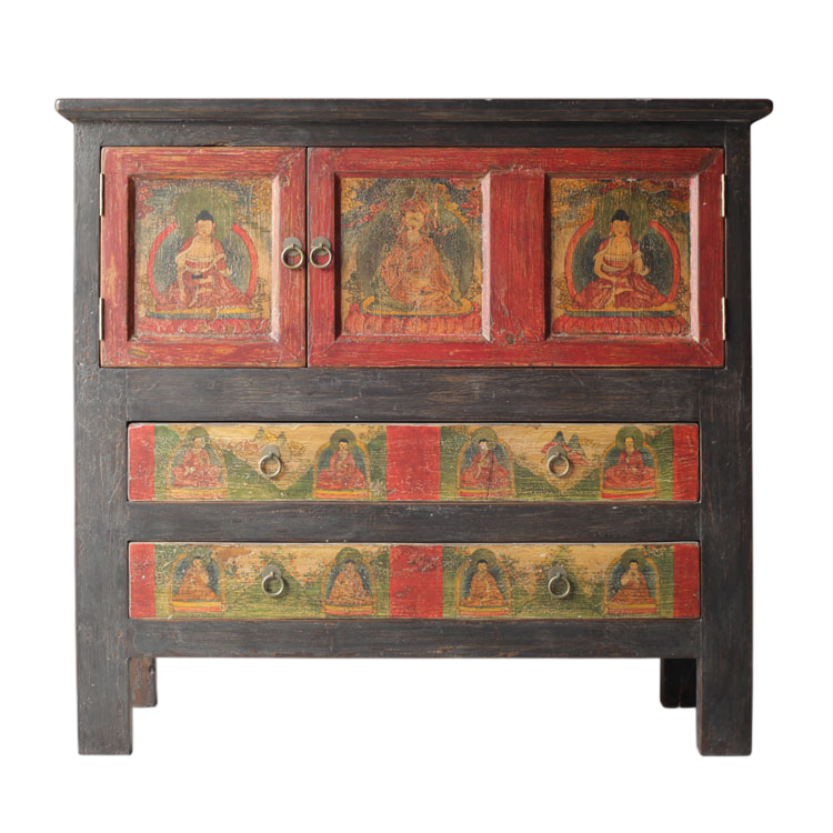 Distressed Red Solid Wood Accent Cabinet with 2 Doors and 2 Drawers