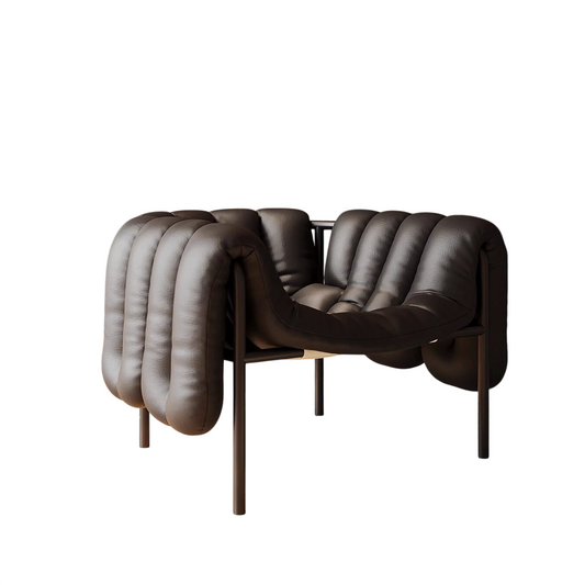 Black Faux Leather Accent Chair, Sculptural Channel-Tufted Lounge Chair with Deep Sling Seat and Black Stainless Steel Frame for Living Room, Bedroom, Office and Reading Nook