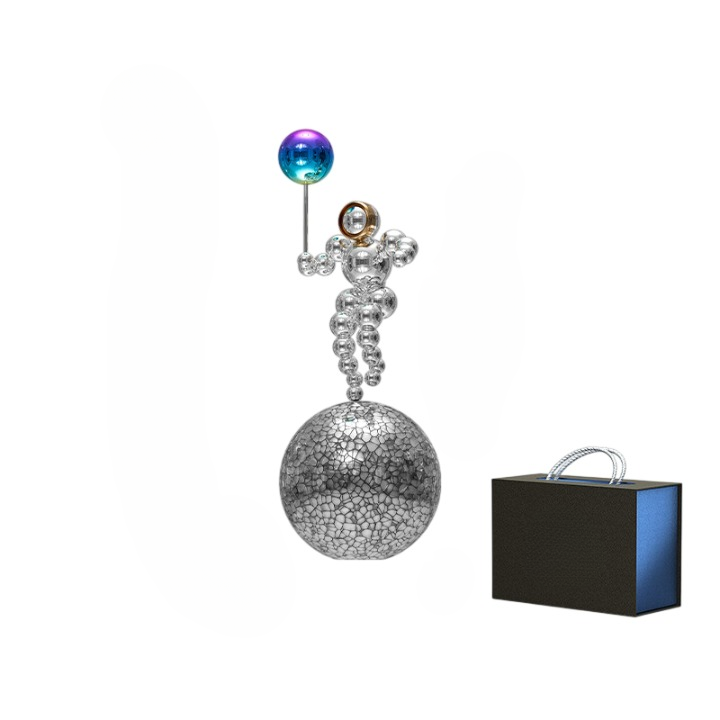 Astronaut Metal Sculpture with Moon Base, Modern Space Desk Decor