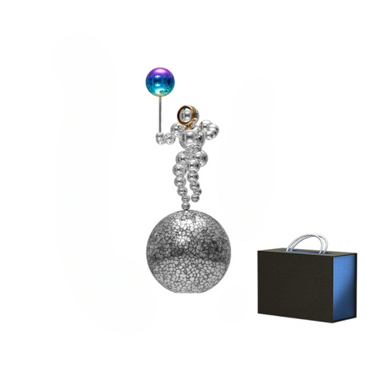 Astronaut Metal Sculpture with Moon Base, Modern Space Desk Decor