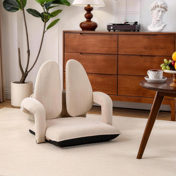 Cream Corduroy Folding Floor Chair with Armrests and Adjustable Dual Backrest