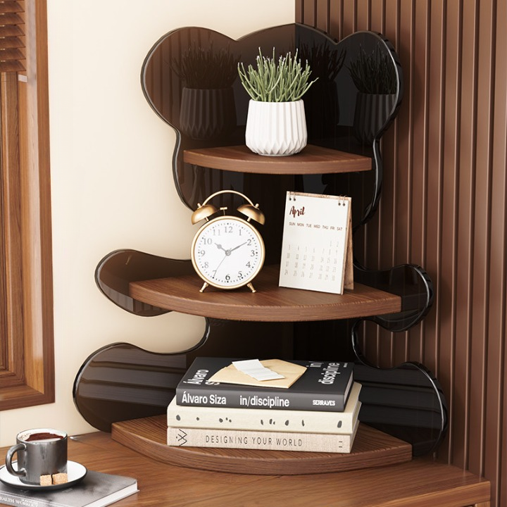 Walnut 3-Tier Corner Storage Shelf, Bear Display Rack, Countertop