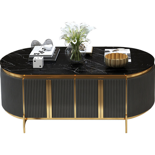 Oval Black Coffee Table with Storage, Faux Marble Top and Gold Frame