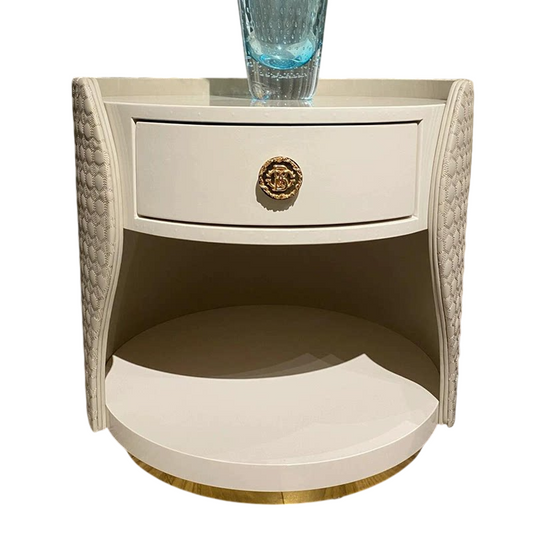 Ivory Oval Nightstand, Lacquered Bedside Table with Upholstered Side Panels, 1 Drawer, Open Shelf and Gold-Tone Base for Bedroom, Guest Room and Luxury Apartment