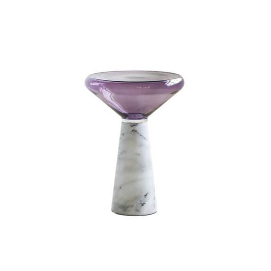 Purple Glass Side Table with White Marble Pedestal Base