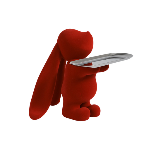 Red Rabbit Key Tray Figurine with Silver Catchall Plate