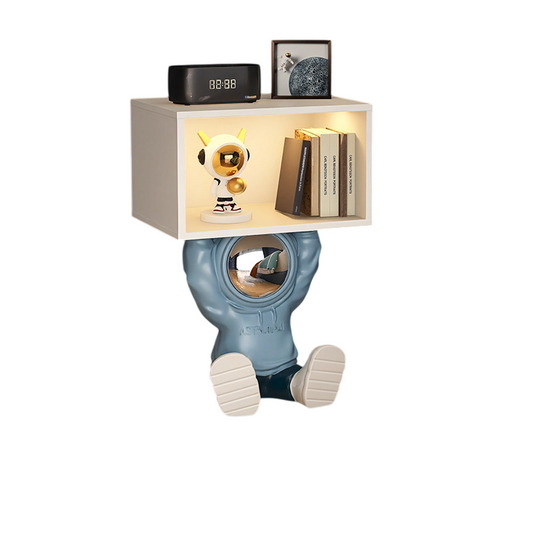 Blue and White Resin Astronaut Side Table with White Wood Storage Cabinet, Motion Sensor Light, Cartoon Kids Bedside End Table for Bedroom, Nursery, Playroom, Living Room and Sofa Side Use