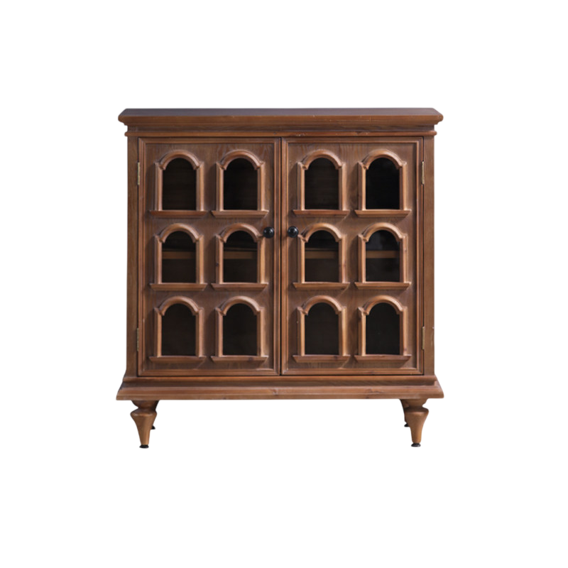 Walnut Brown 2-Door Accent Cabinet with Arched Window Panels