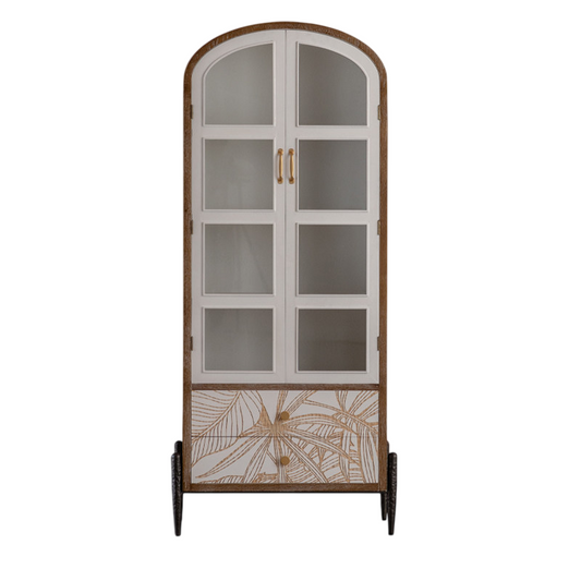 Tall Arched Glass Display Cabinet, Botanical Storage Cabinet, Vintage Entryway Cabinet with Glass Doors and Lower Drawers, Living Room Curio Cabinet, Dining Room Hutch and Hallway Cabinet