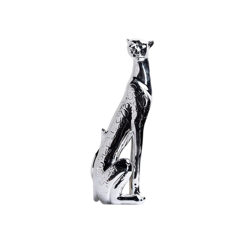 Silver Leopard Statue Set of 2, Metallic Big Cat Sculptures, Standing and Sitting Leopard Figurines for Tabletop, Bookshelf, Console Table, Living Room, Office, Hotel Decor