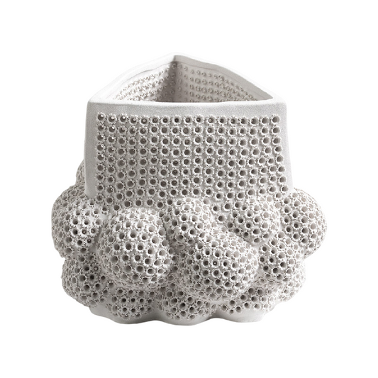 White Ceramic Bubble Vase, Large Textured Flower Vessel with Triangle Opening