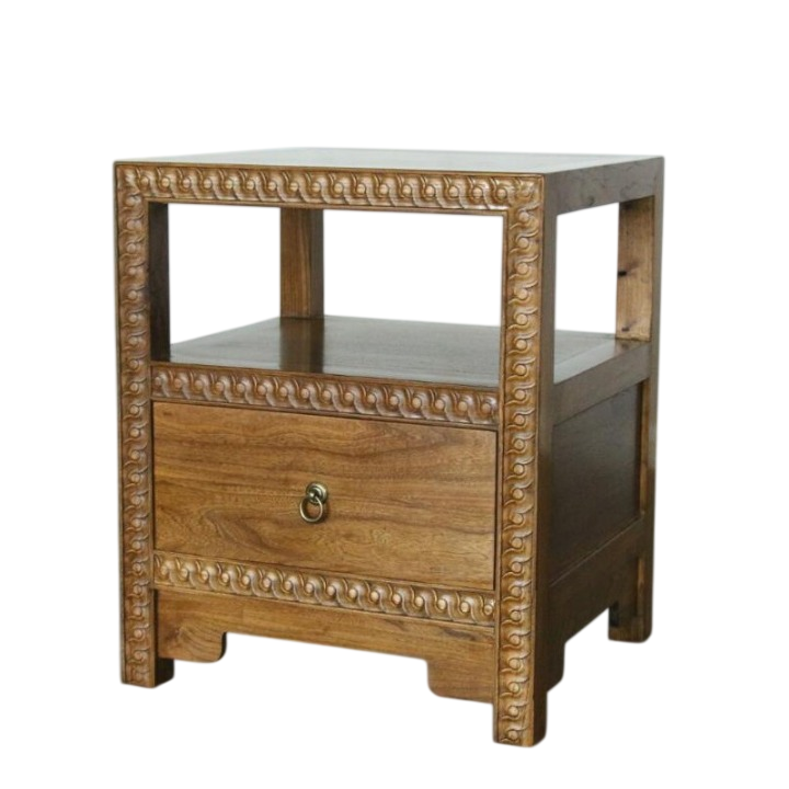 Solid Elm Wood Nightstand with Drawer and Open Shelf, Carved Bedside Table with Ring Pull, Light Natural Wood End Table for Bedroom, Living Room or Guest Room