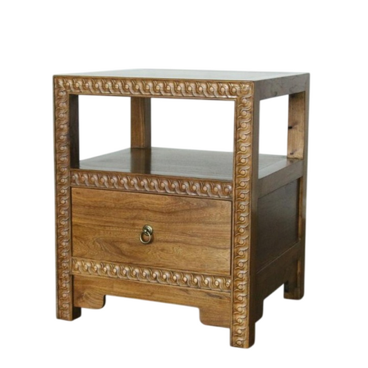 Solid Elm Wood Nightstand with Drawer and Open Shelf, Carved Bedside Table with Ring Pull, Light Natural Wood End Table for Bedroom, Living Room or Guest Room