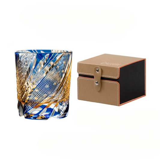 Blue Amber Cut Glass Whiskey Tumbler, Decorative Crystal Style Rocks Glass with Gift Box, Luxury Old Fashioned Glass for Bourbon, Cocktails, Water, Bar Cart, Home Bar Gift