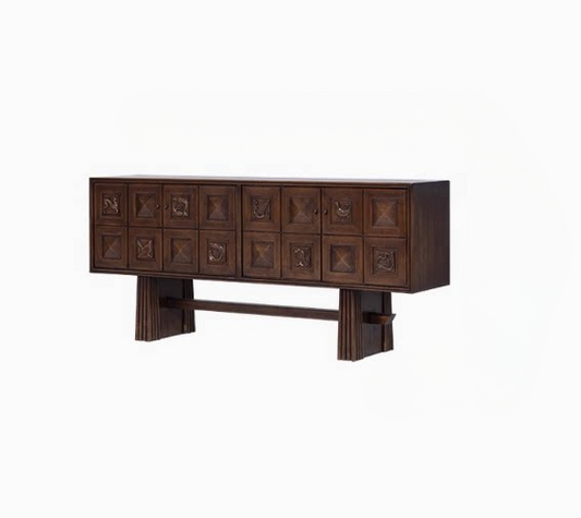 Solid Wood Sideboard Buffet, 8-Door Carved Storage Cabinet, Brown