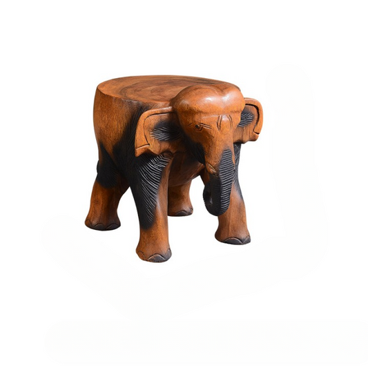 Antique Brown Solid Wood Elephant-Shaped Stool, Sculpted Animal Low Seat, Footrest, Plant Stand and Compact Side Table for Living Room, Bedroom, Entryway and Reading Nook