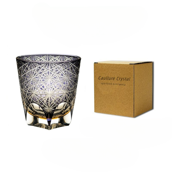 Purple Daisy Pattern Whiskey Glass, Decorative Cut Style Rocks Tumbler with Gift Box, Artistic Old Fashioned Glass for Bourbon, Cocktails, Water, Home Bar, Kitchen, Bar Cart Display