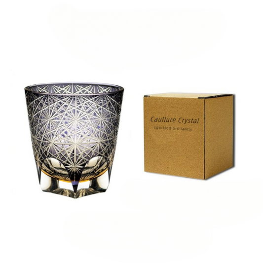 Purple Daisy Pattern Whiskey Glass, Decorative Cut Style Rocks Tumbler with Gift Box, Artistic Old Fashioned Glass for Bourbon, Cocktails, Water, Home Bar, Kitchen, Bar Cart Display