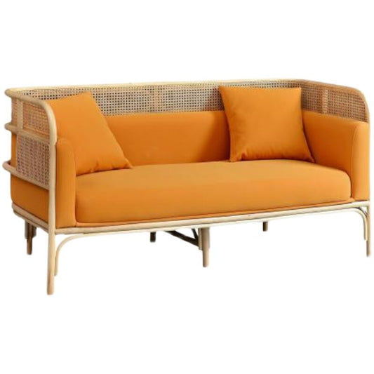Orange Cane Sofa, Upholstered 3 Seater Rattan Couch with Cushions, Modern Wicker Lounge Sofa for Living Room, Sunroom, Hotel Lobby, Cafe, Reception Area, and Covered Patio