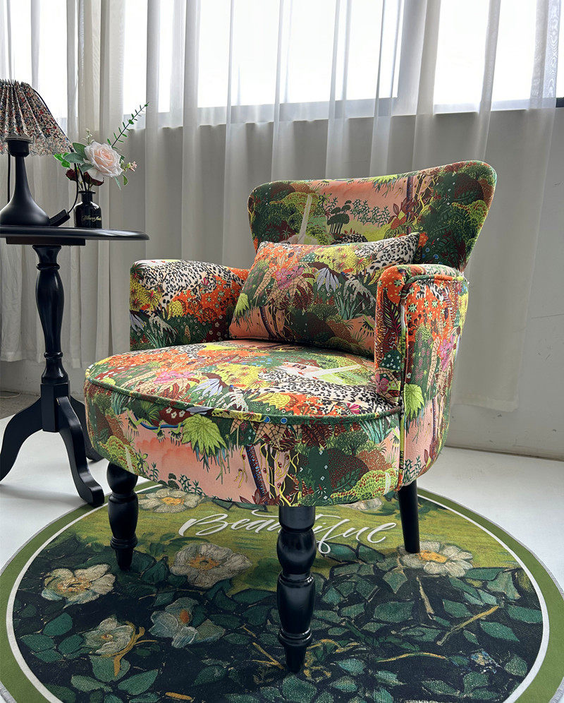 Multicolor Forest Wildlife Print Accent Chair, Upholstered Barrel Armchair with Curved Arms, Black Turned Wood Legs and Matching Lumbar Pillow for Living Room, Bedroom and Reading Nook