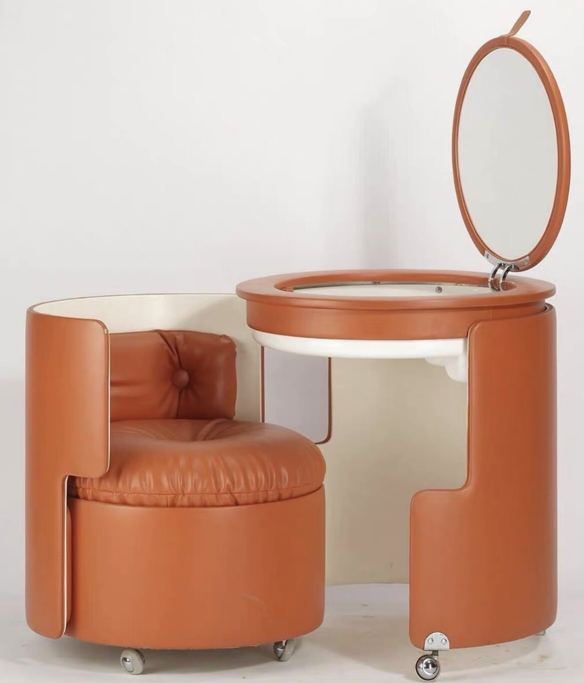 Orange Round Makeup Vanity Set with Mirror Stool Wheels and Storage