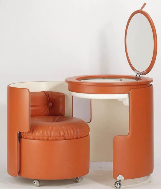 Orange Round Makeup Vanity Set with Mirror Stool Wheels and Storage