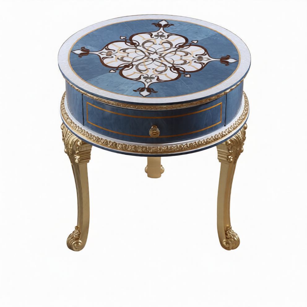 Luxury Round End Table with Drawer, Decorative Wood Sofa Table with Gold Carved Legs for Living Room Bedroom Lounge