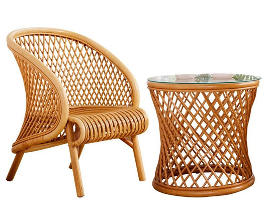 Natural Rattan Accent Chair and Side Table Set, Handwoven Wicker Lounge Chair with Curved Back and Round Glass Top End Table, Boho Indoor Seating Set for Balcony, Sunroom, Living Room, Bedroom and Tea Corner