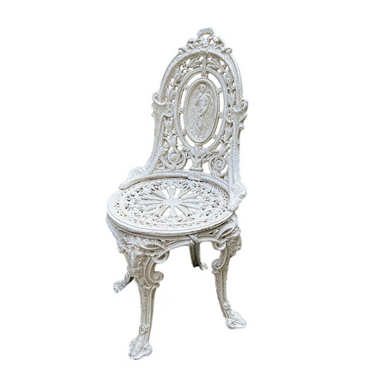 Distressed White Cast Iron Garden Chair, French Country Vintage Outdoor Accent Chair with Ornate Crown Back, Decorative Patio Bistro Chair for Balcony, Courtyard, Terrace, Sunroom and Garden Seating