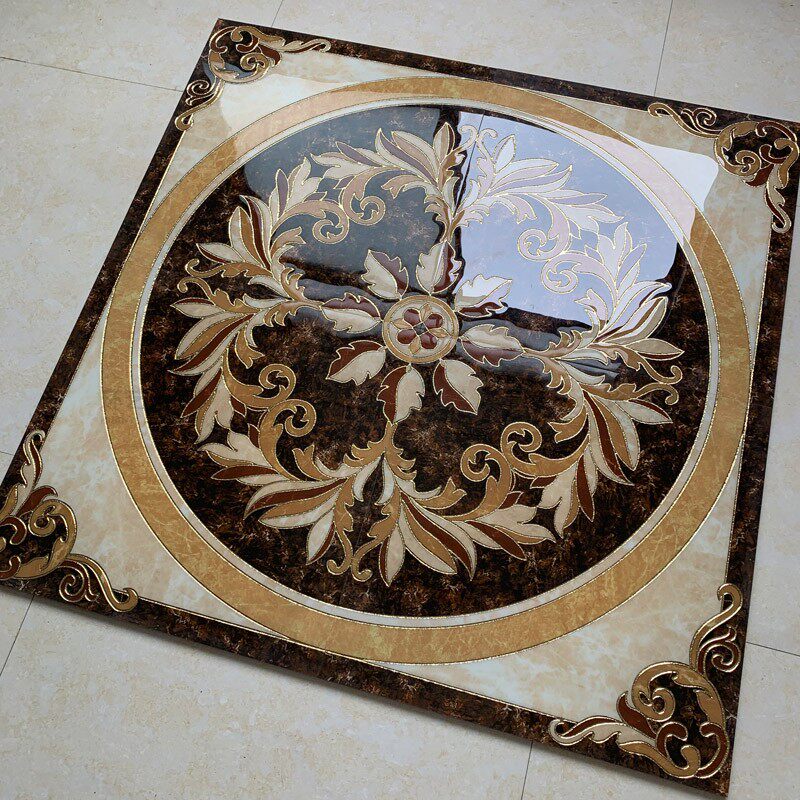Luxury European Medallion Porcelain Floor Tile Marble Look Decorative Inlay Ceramic Tile Glossy Entrance Lobby Flooring for Villa Hotel Living Room 31.5 Inch