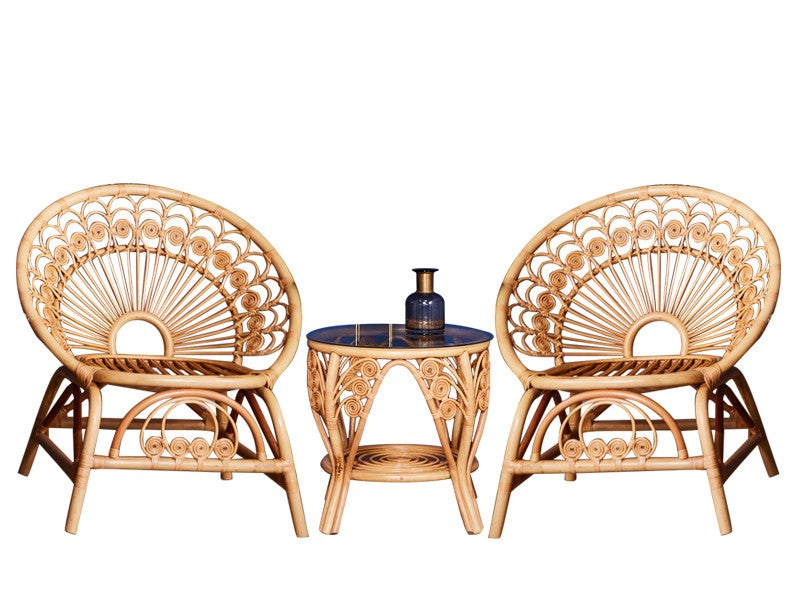 Natural Rattan Bistro Set, 3 Piece Indoor Balcony Furniture Set with 2 Handwoven Peacock Accent Chairs and Round Glass Top Side Table, Boho Wicker Conversation Set for Sunroom, Patio, Living Room and Tea Corner