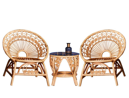 Natural Rattan Bistro Set, 3 Piece Indoor Balcony Furniture Set with 2 Handwoven Peacock Accent Chairs and Round Glass Top Side Table, Boho Wicker Conversation Set for Sunroom, Patio, Living Room and Tea Corner