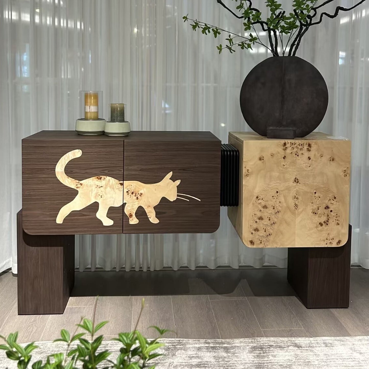 Modern Cat Silhouette Sideboard Cabinet, Artistic Wood Buffet Storage Cabinet with Burl Wood Accent, Rounded Doors, Dining Room Credenza, Entryway Console Cabinet for Living Room, Hallway, Villa Decor
