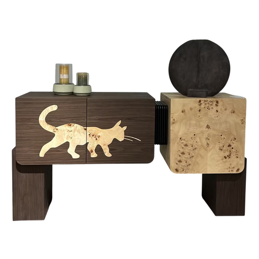 Modern Cat Silhouette Sideboard Cabinet, Artistic Wood Buffet Storage Cabinet with Burl Wood Accent, Rounded Doors, Dining Room Credenza, Entryway Console Cabinet for Living Room, Hallway, Villa Decor