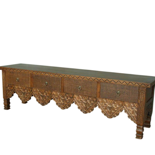 Carved Solid Wood TV Stand, 4-Drawer Rattan Media Console