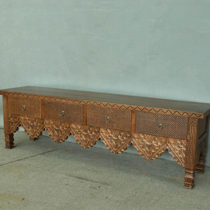 Carved Solid Wood TV Stand, 4-Drawer Rattan Media Console