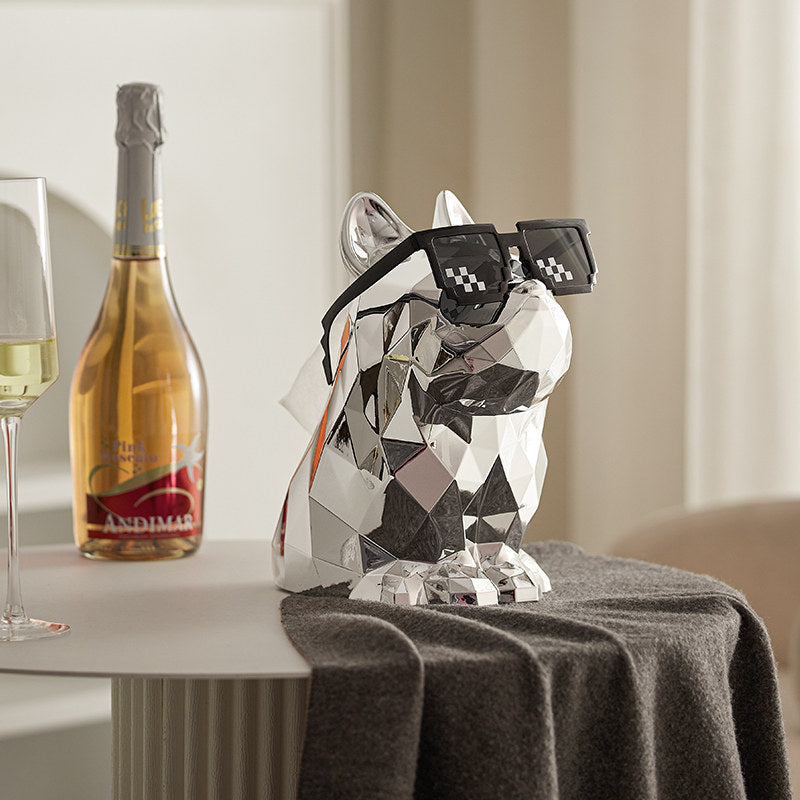 Silver Geometric French Bulldog Tissue Box Cover with Pixel-Style Sunglasses, Faceted Resin Facial Tissue Holder and Decorative Napkin Dispenser for Living Room, Bedroom, Bathroom, Office and Coffee Table