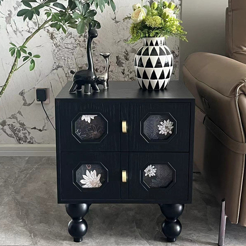 Black 2-Drawer Nightstand, Wood Bedside Table with Botanical Accent Panels, Gold-Tone Pulls and Turned Ball Legs for Bedroom, Living Room or Guest Room
