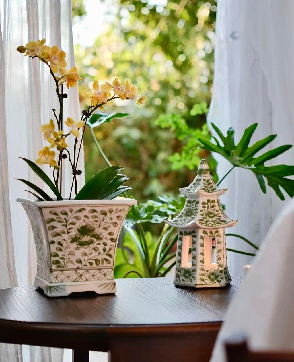 Green Floral Ceramic Pagoda Candle Holder, Decorative Tealight Lantern