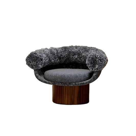 Gray Boucle Barrel Accent Chair with Curved Back and Wood Pedestal Base