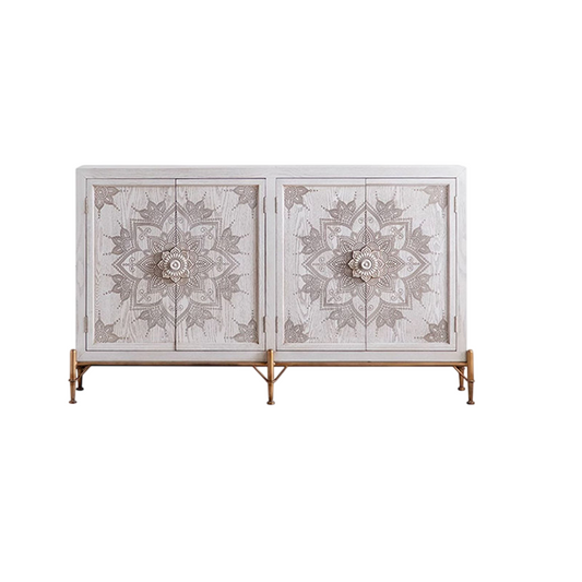 White Carved Sideboard Cabinet, Vintage Mandala 4 Door Storage Cabinet with Gold Legs, Cream Entryway Cabinet, Dining Room Buffet, Living Room Credenza and Hallway Console