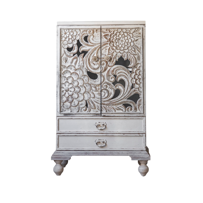 Distressed White Carved Wood Accent Cabinet with 2 Doors and 2 Drawers, Floral Storage Cabinet for Entryway, Living Room and Bedroom